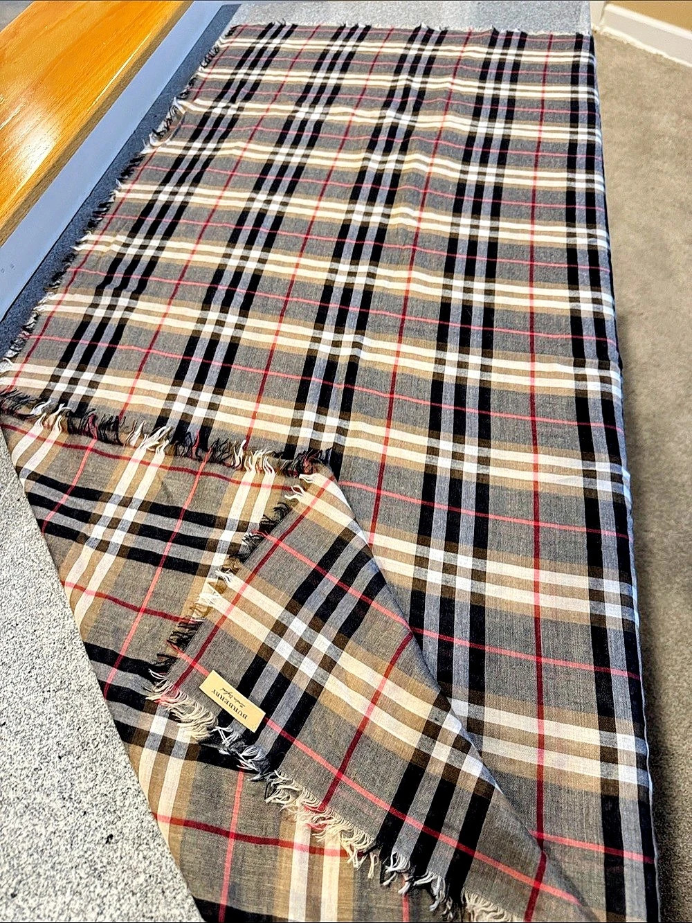 Burberry Check Wool Silk Scarf Plaid Fringe Scarf Brown & Black Nova Check